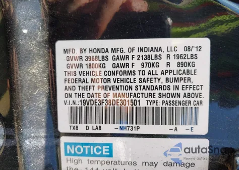 2013 Acura Ilx Hybrid 1.5L from USA, damaged, VIN 19VDE3F38DE301501